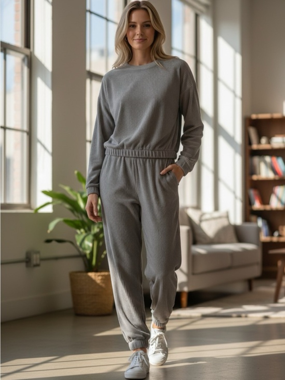 a new day Ribbed Lounge Jogger Set - Gray